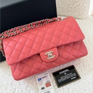 CHANEL Quilted Coral Pink Classic Flap Shoulder Bag with Silver Chain